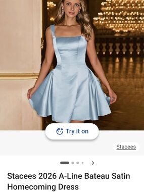 Stacees Sky Blue Satin Mini Dress with Square Neck